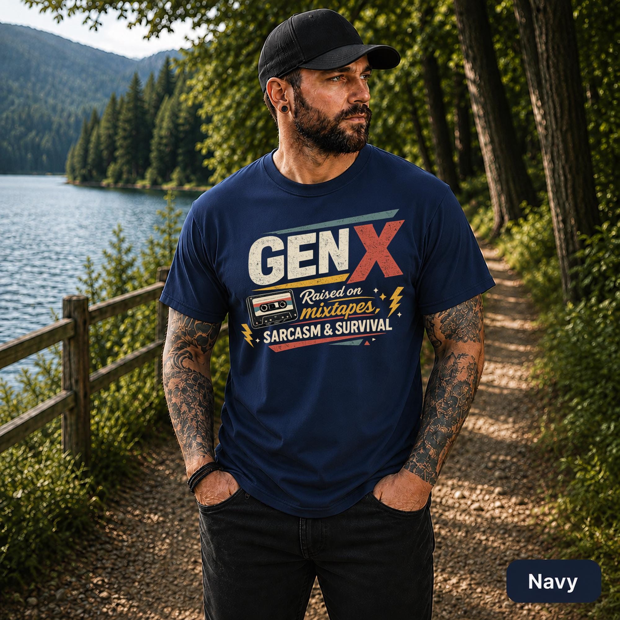 Vintage-style black tee celebrating 80s and 90s music culture and Generation X pride.