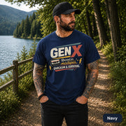 Vintage-style black tee celebrating 80s and 90s music culture and Generation X pride.