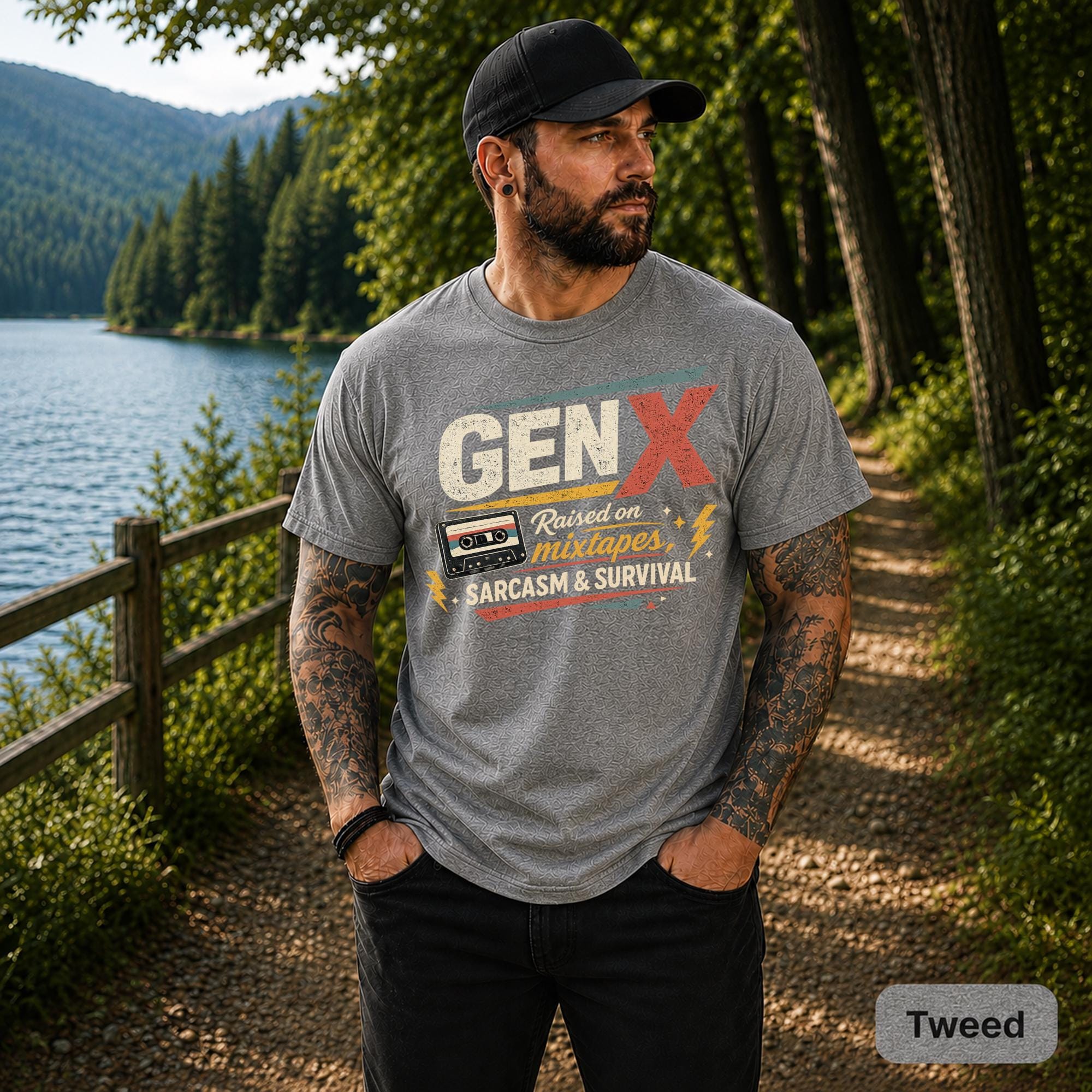 Retro cassette tape shirt combining Gen X humor, nostalgia, and bold distressed artwork.
