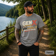 Retro cassette tape shirt combining Gen X humor, nostalgia, and bold distressed artwork.