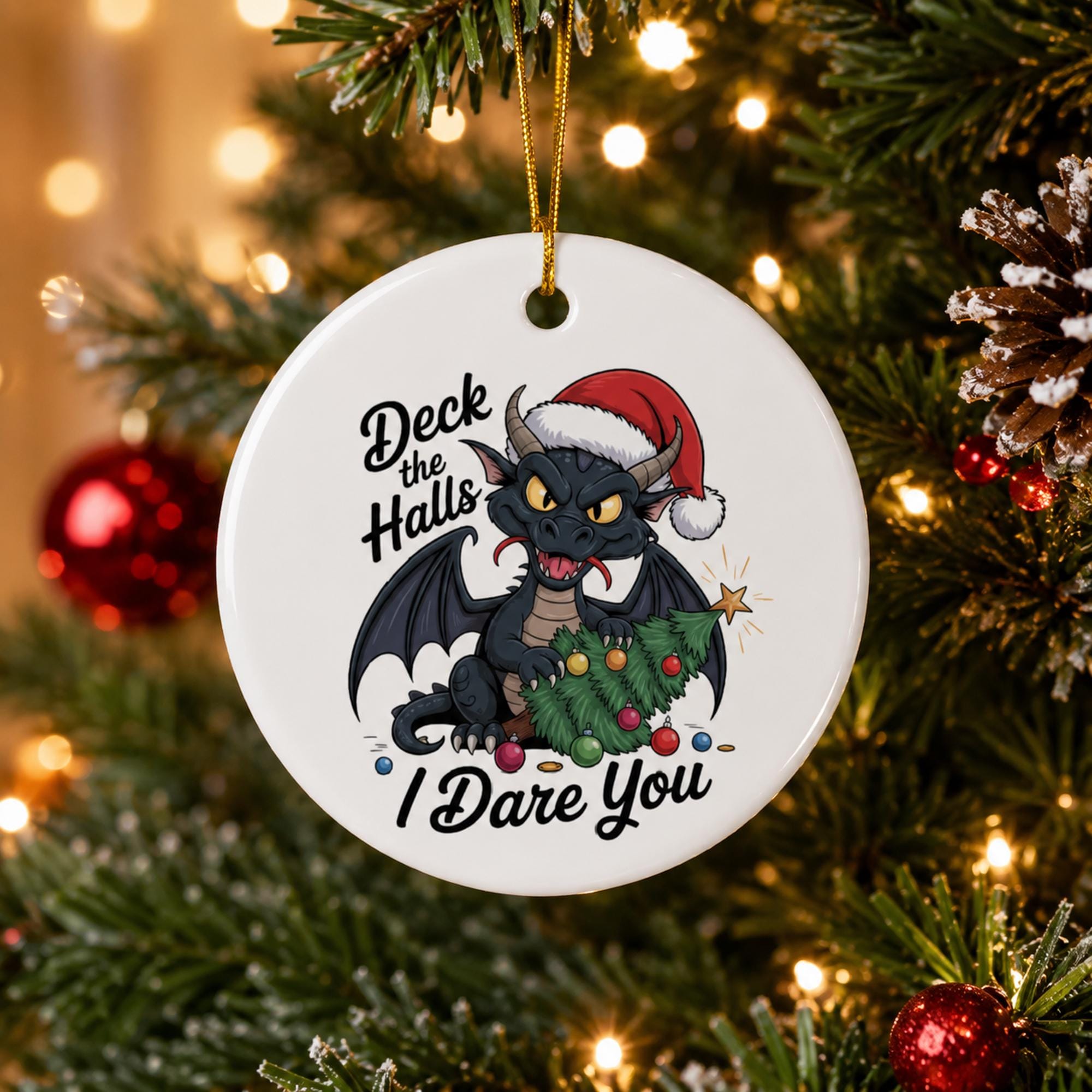 Round dragon ornament showing a decorated tree, colorful baubles, and playful Christmas artwork.