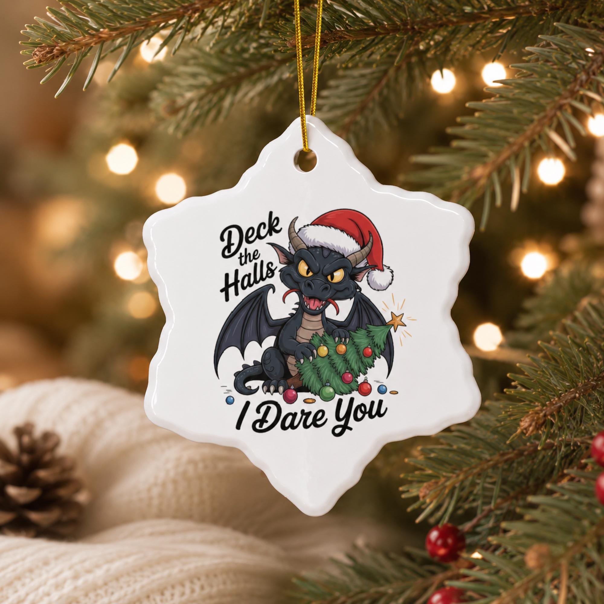 Snowflake Naughty List ornament featuring a mischievous black dragon tangled in seasonal decorations.