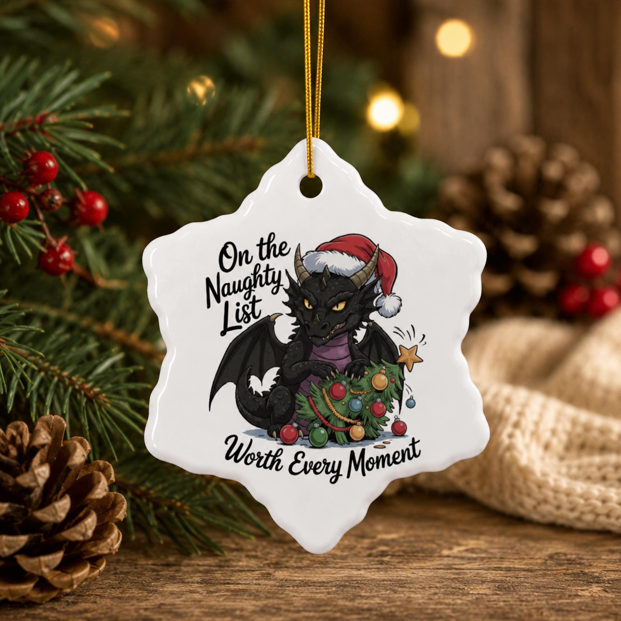 Snowflake ceramic ornament featuring a Santa hat dragon and Deck the Halls I Dare You holiday quote.