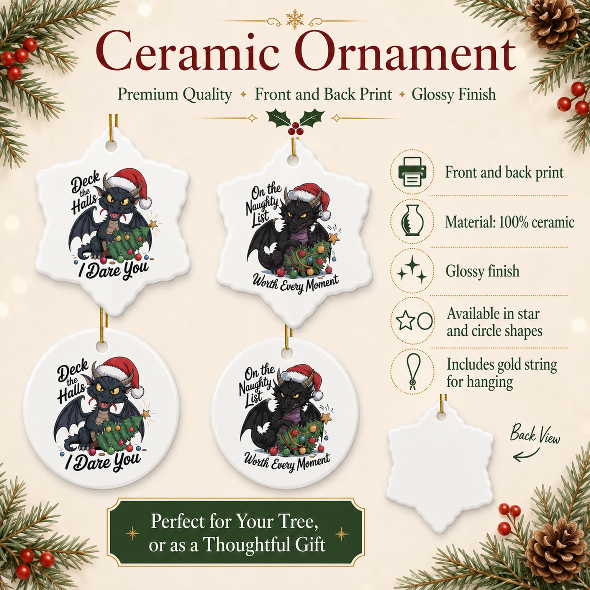 Product information image showing two funny black dragon Christmas ornament designs in round and snowflake-style shapes.
