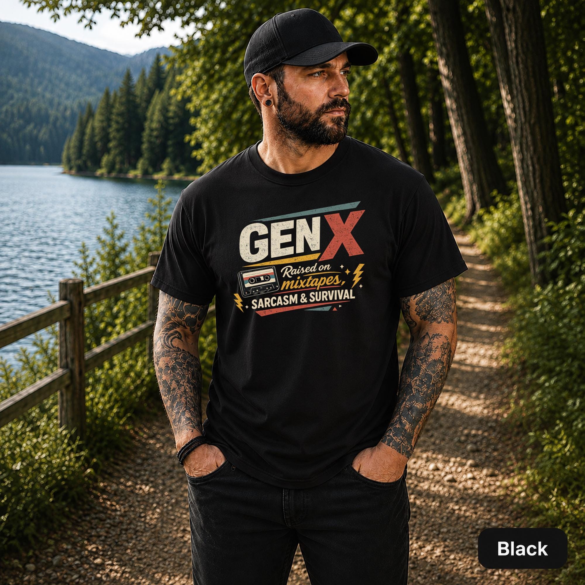 Man wearing a black Gen X shirt featuring Raised on Mixtapes, Sarcasm and Survival retro lettering.