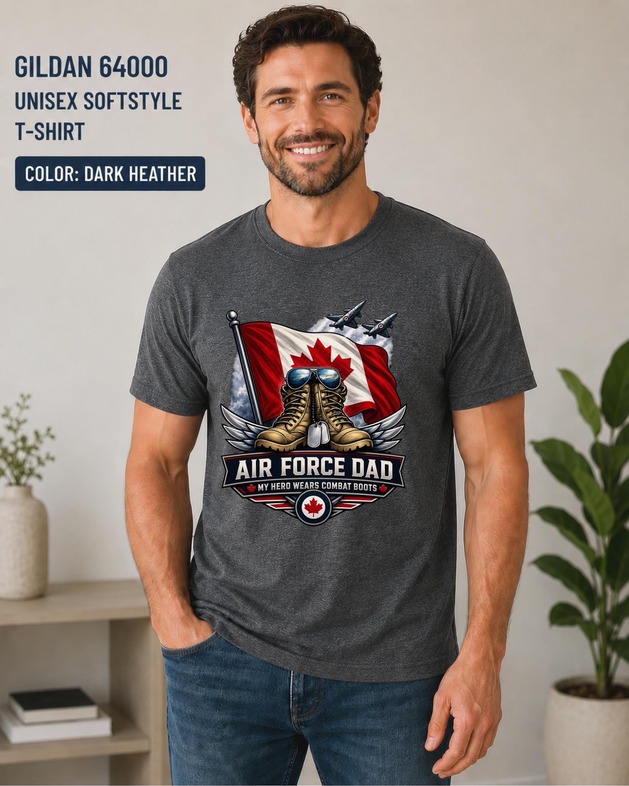 Canadian military family shirt featuring patriotic artwork and combat boot graphic.