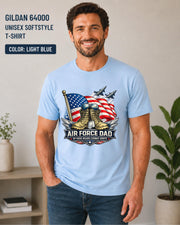 Gildan 64000 Softstyle Air Force Dad shirt featuring fighter jets and patriotic artwork.
