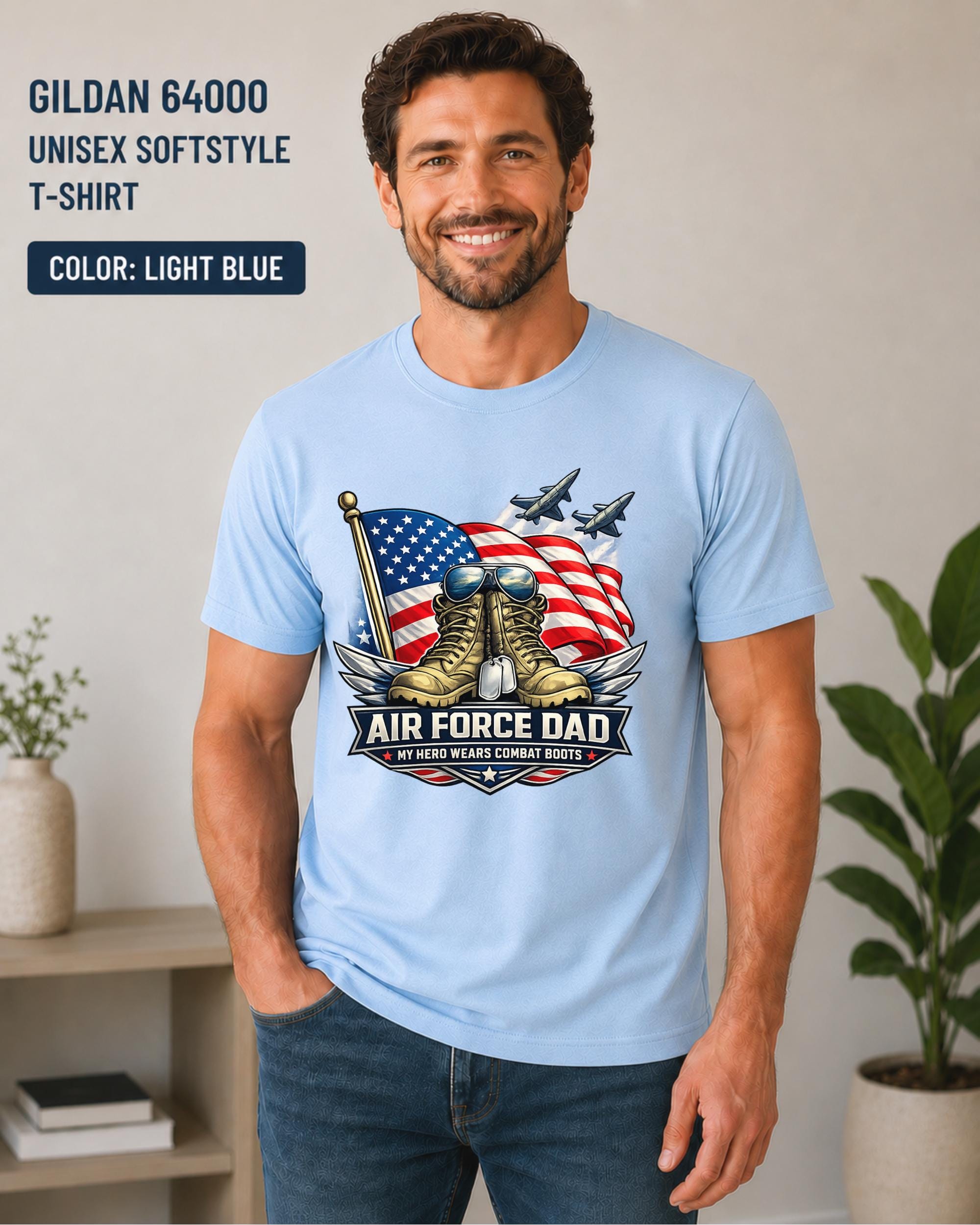Gildan 64000 Softstyle Air Force Dad shirt featuring fighter jets and patriotic artwork.