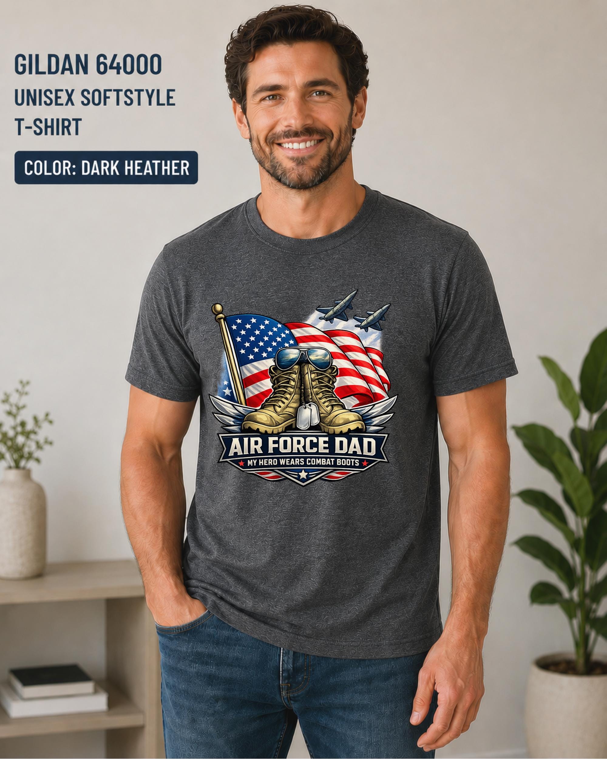 USA military dad gift printed on premium Gildan 64000 Softstyle T-shirt.