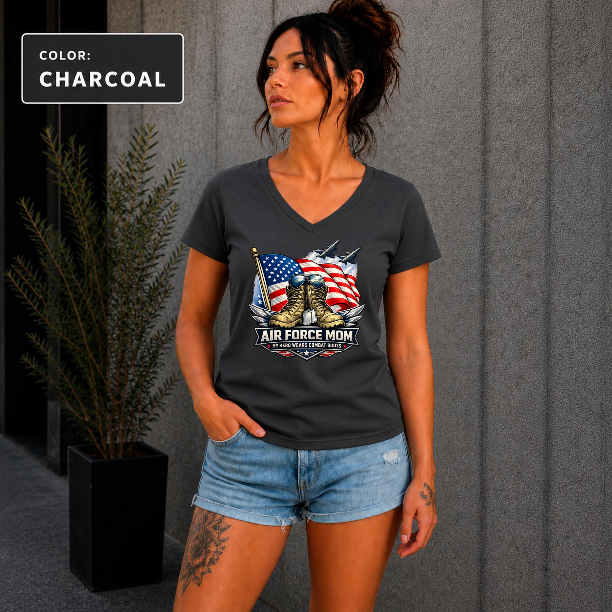 Patriotic Air Force Mom ladies T-shirt with fighter jets and military-inspired artwork.