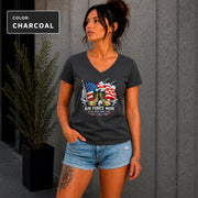 Patriotic Air Force Mom ladies T-shirt with fighter jets and military-inspired artwork.