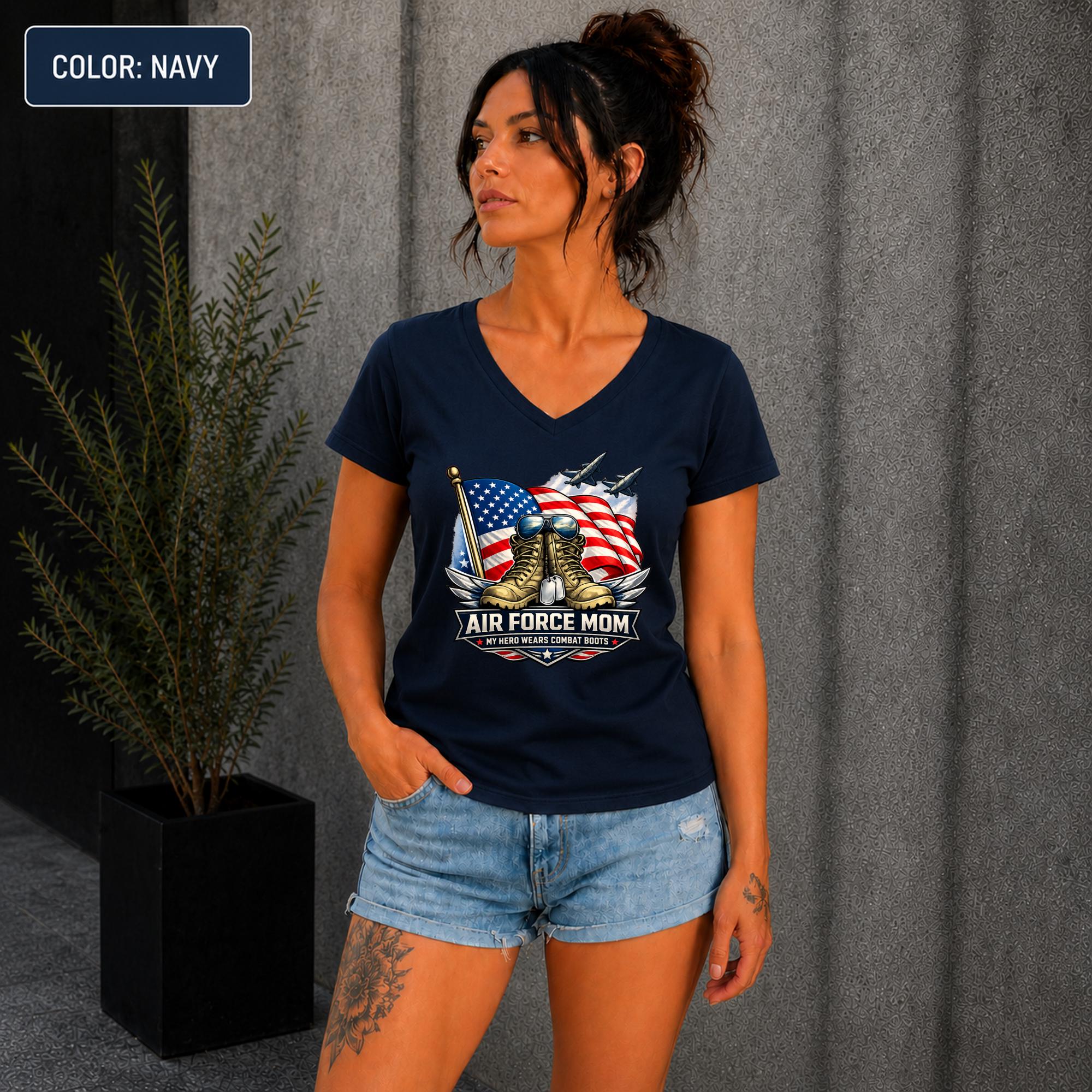 Proud USAF Mom V-neck shirt with My Hero Wears Combat Boots design.