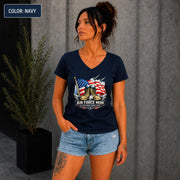 Proud USAF Mom V-neck shirt with My Hero Wears Combat Boots design.
