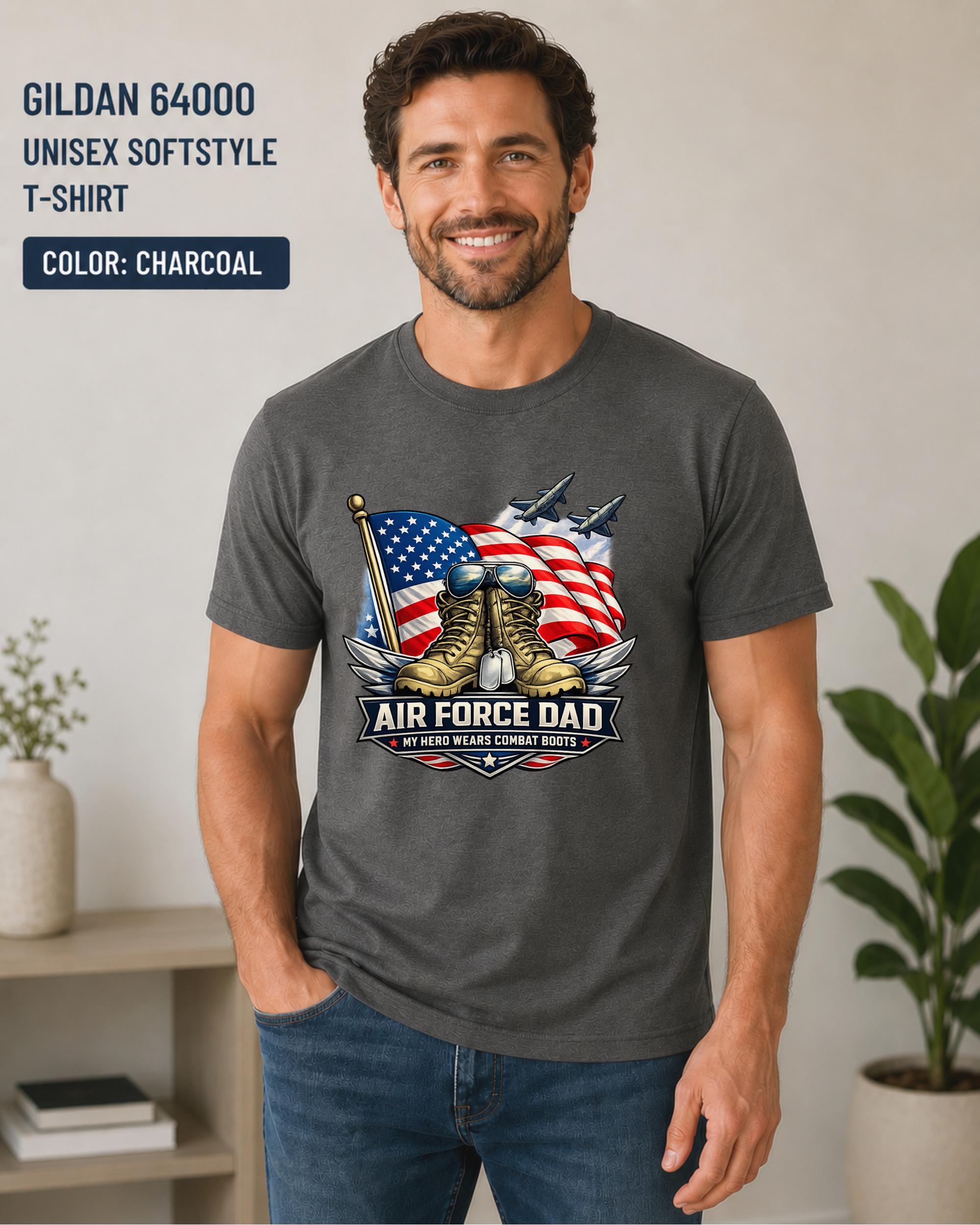 Man wearing a charcoal Air Force Dad T-shirt with American flag and combat boots graphic.