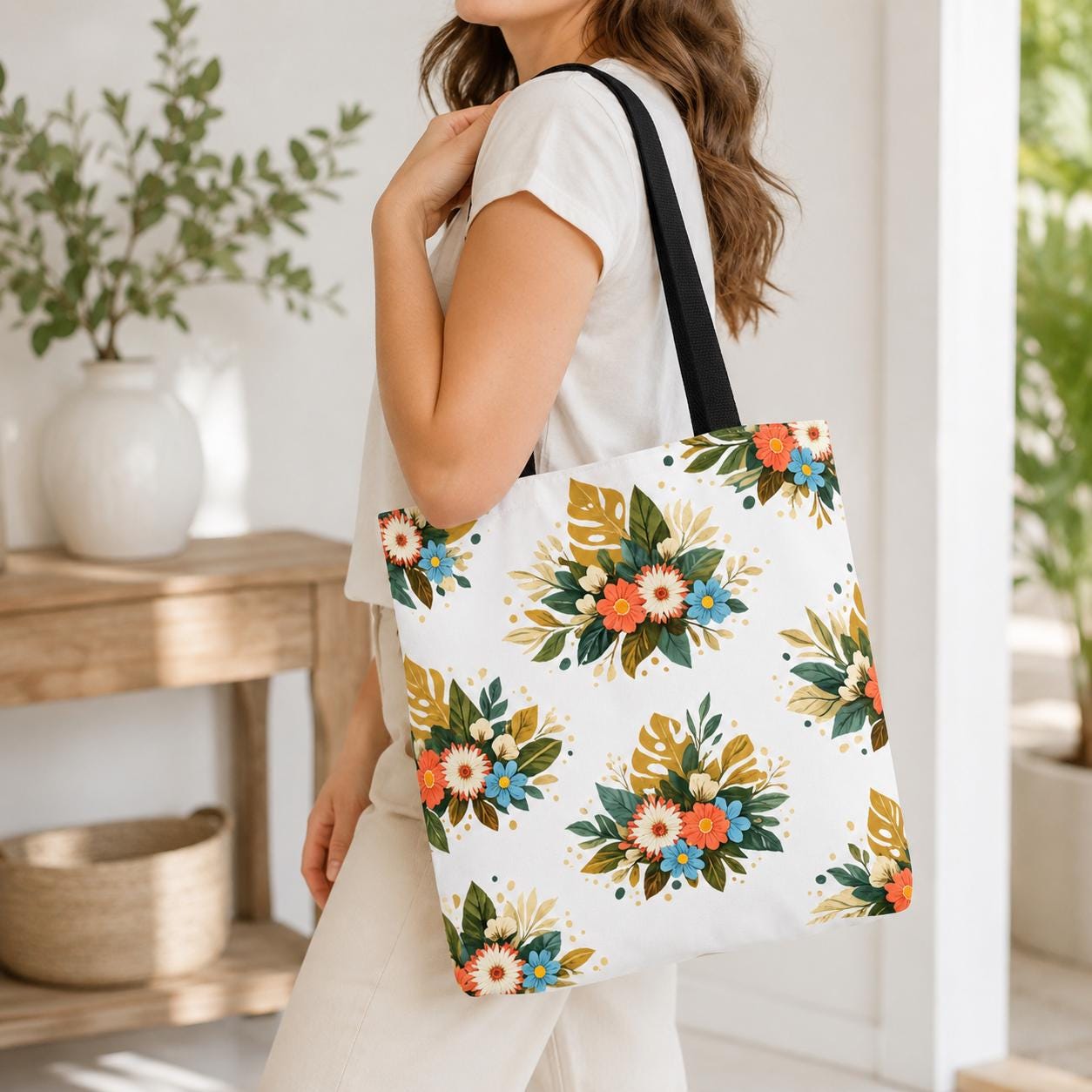 Floral tote bag featuring coral, cream, and blue flowers with green and golden leaves.