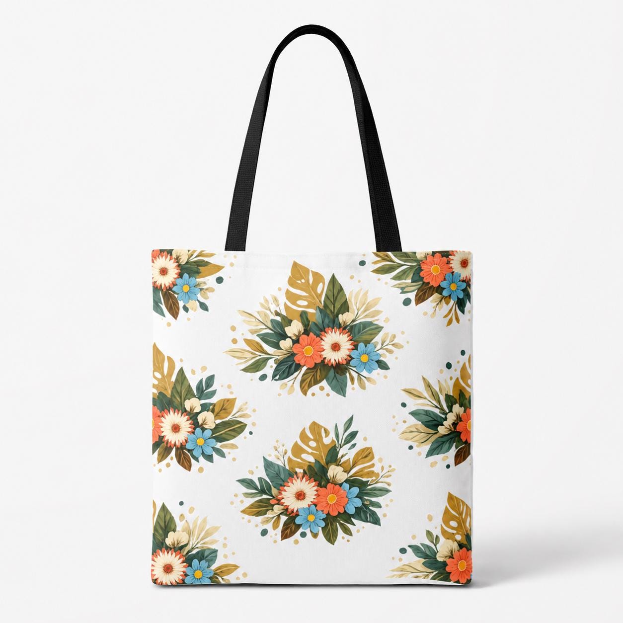 Botanical market shopper displayed on soft neutral fabric with burgundy shoulder straps.