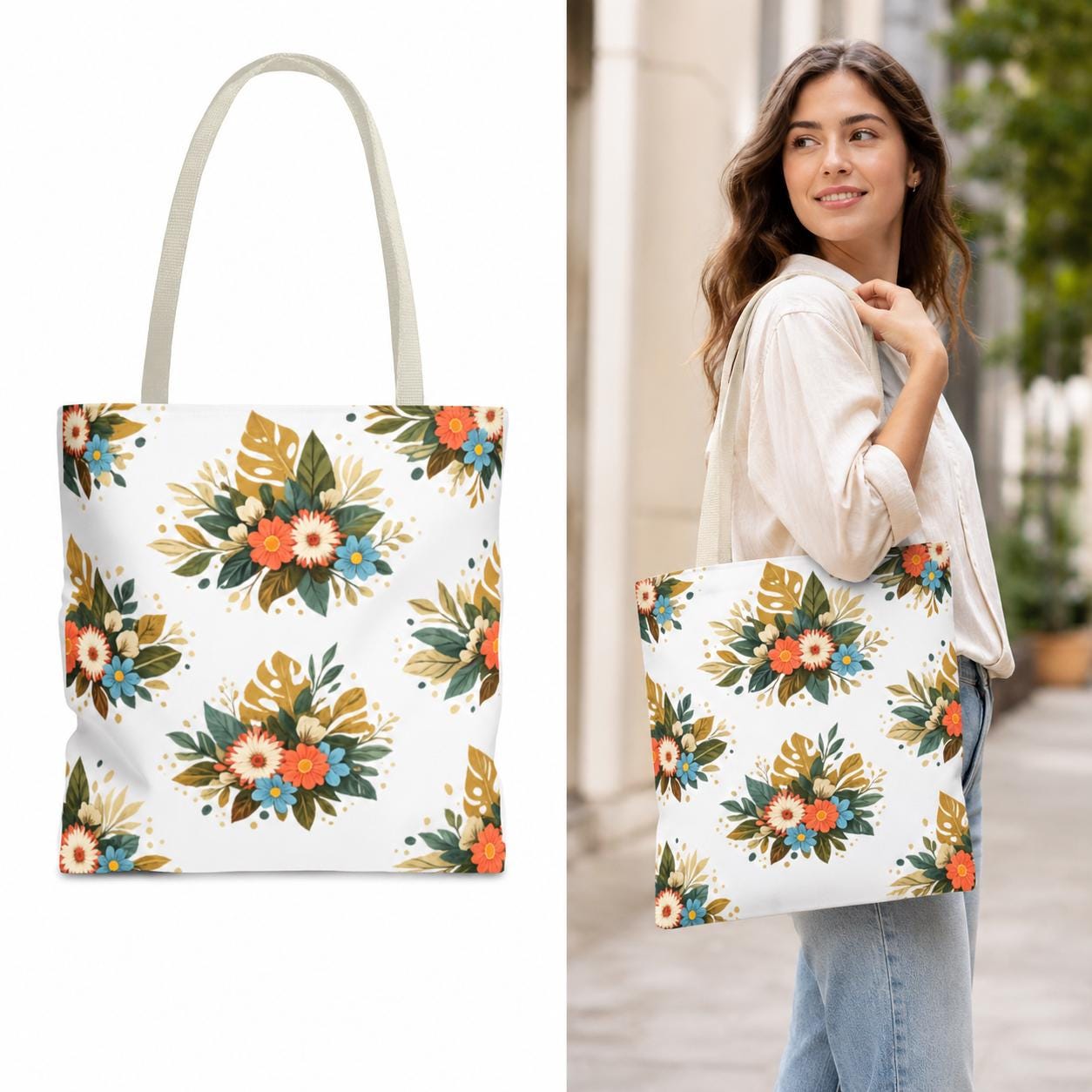 Reusable flower tote styled beside sunglasses, notebook, pen, and dried blossoms.