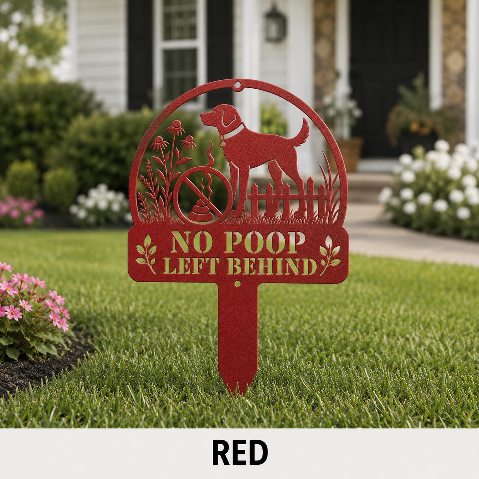 Funny pet waste reminder featuring dog silhouette, flowers, fence, grass, and crossed-out poop graphic.