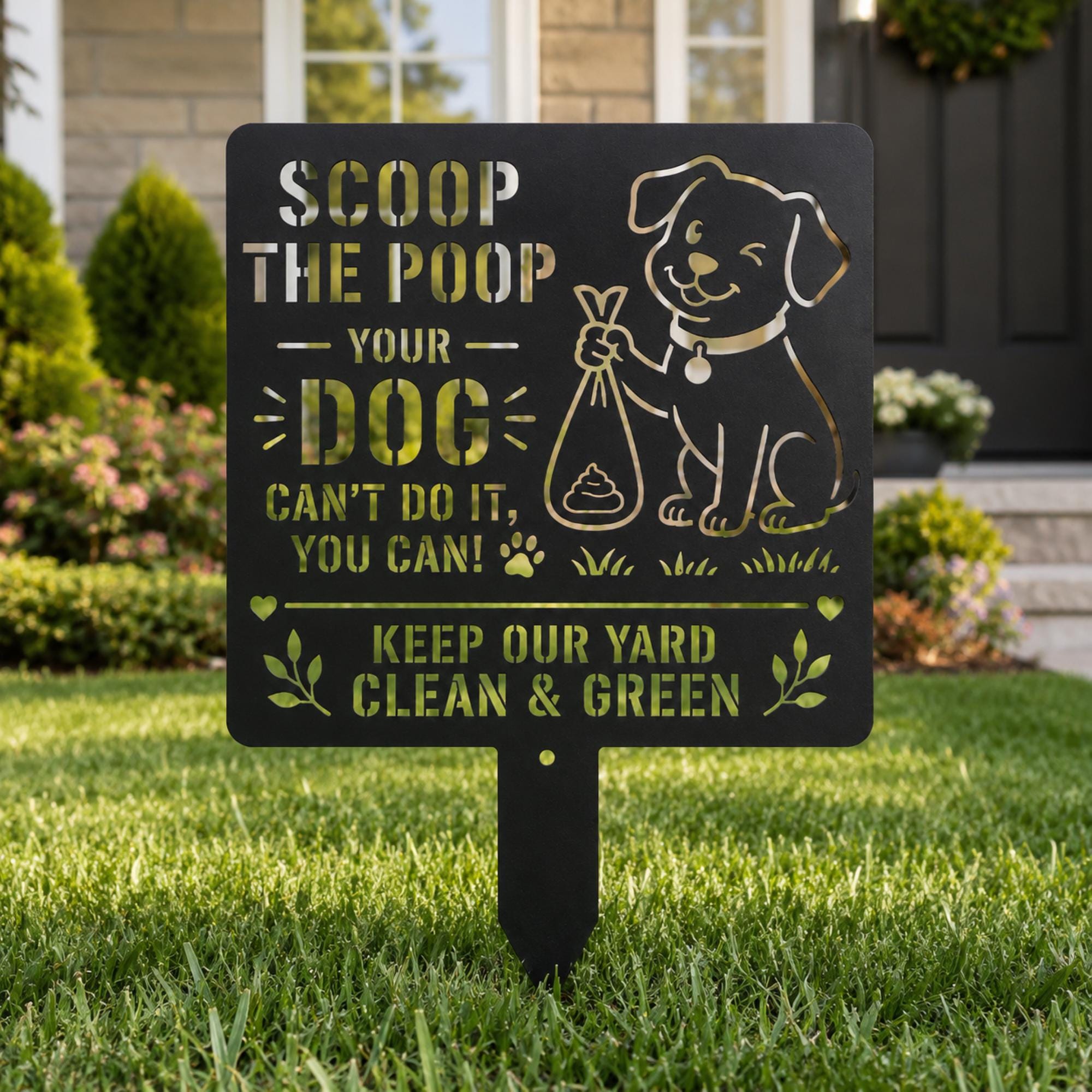 Black Scoop the Poop metal dog yard sign displayed on a green residential front lawn.