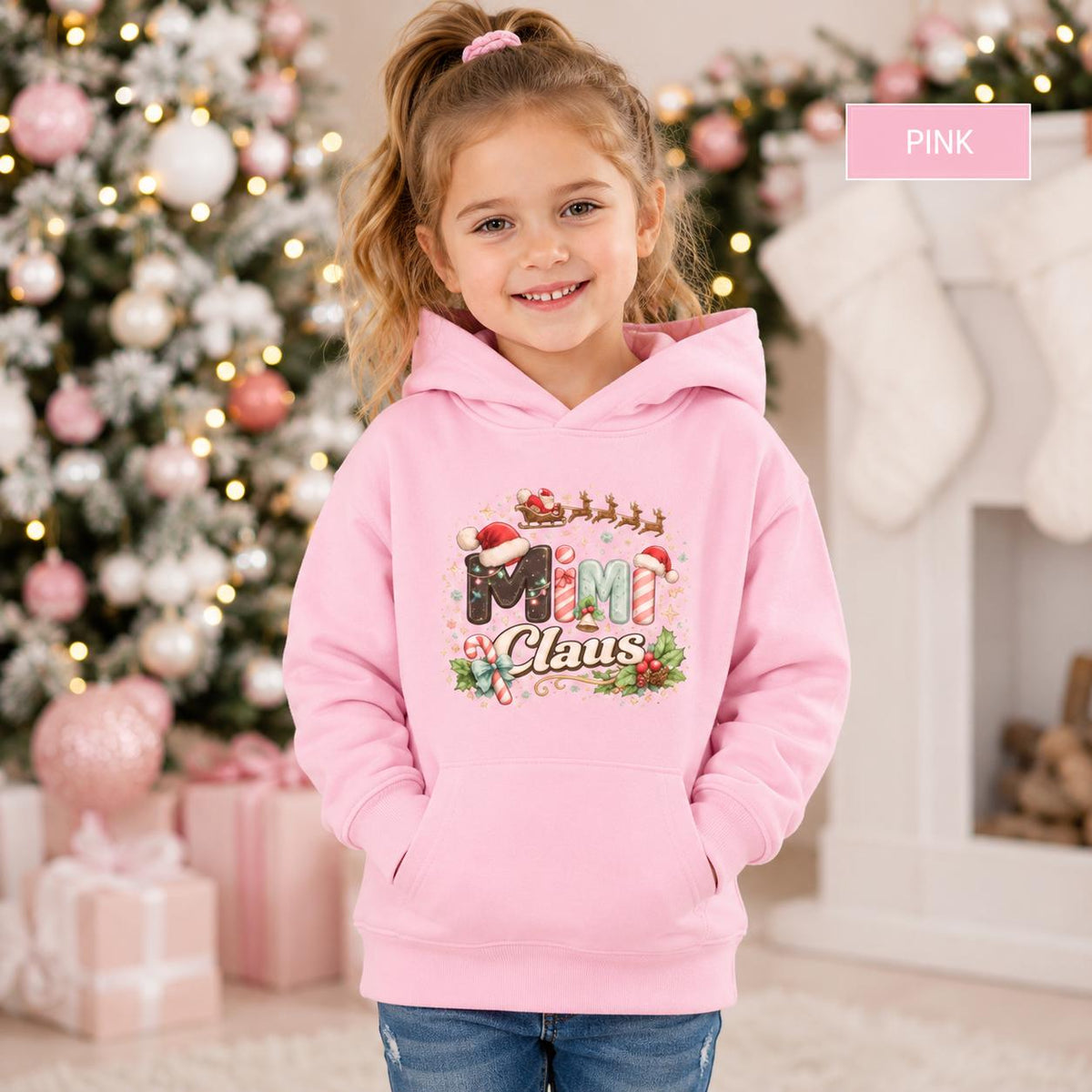 Kids Christmas pullover featuring Santa hats, candy-cane lettering, holly, bells, and stars.