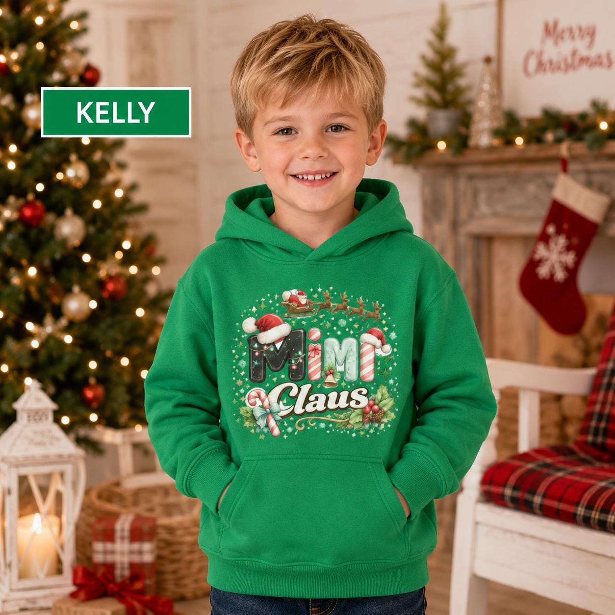 Youth holiday sweatshirt featuring Santa sleigh, candy cane, holly, and festive lettering.