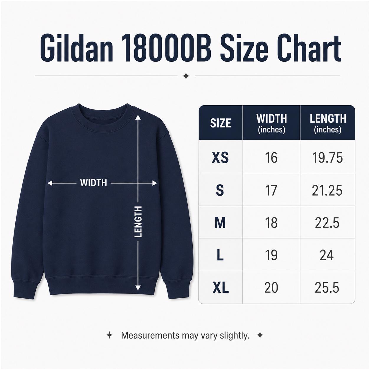 Size chart In My Merry Era crewneck designed for school spirit days and Christmas celebrations.