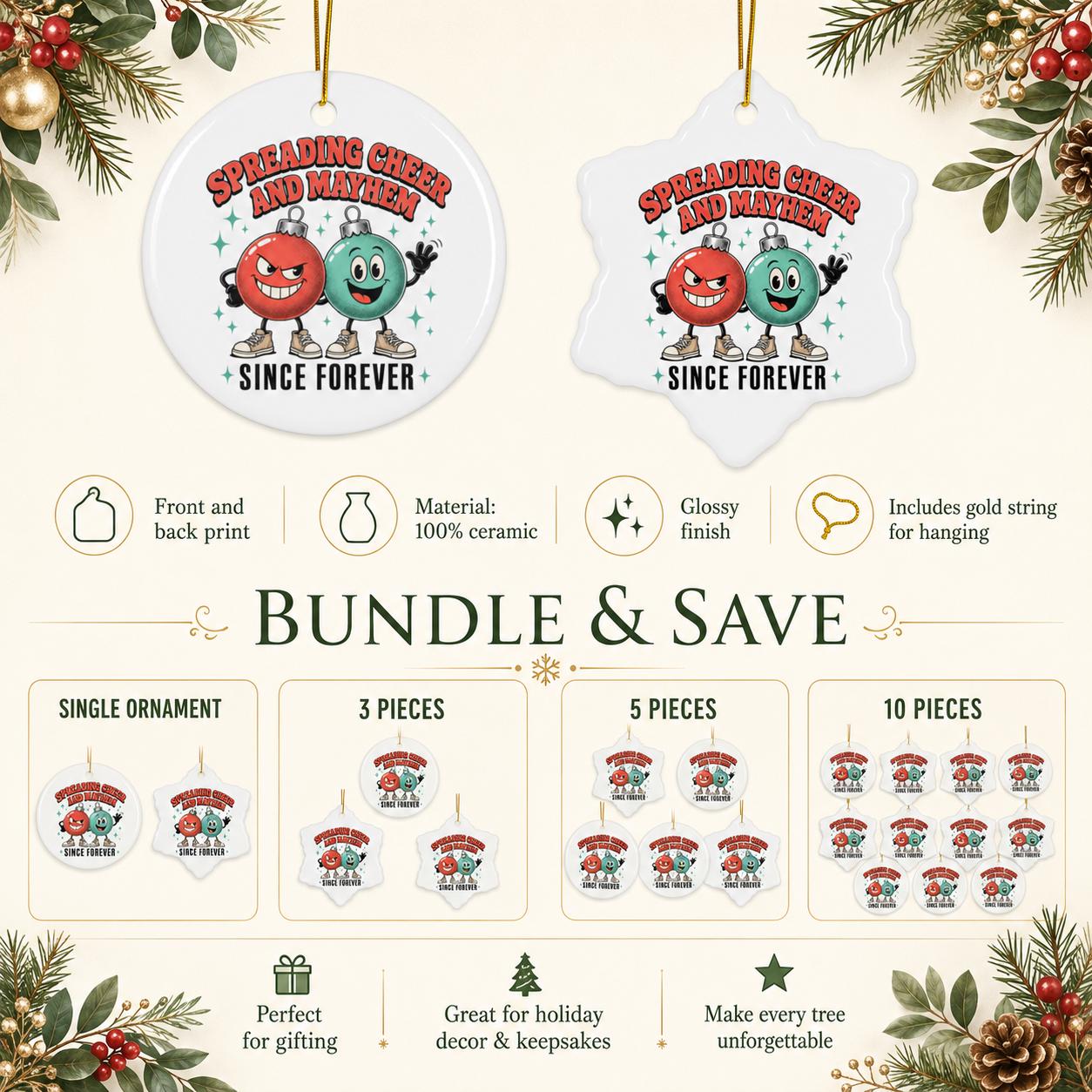 Product information image showing Spreading Cheer and Mayhem ornaments in circle and snowflake ceramic shapes.