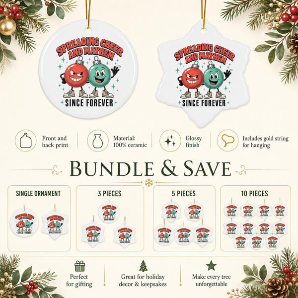 Product information image showing Spreading Cheer and Mayhem ornaments in circle and snowflake ceramic shapes.