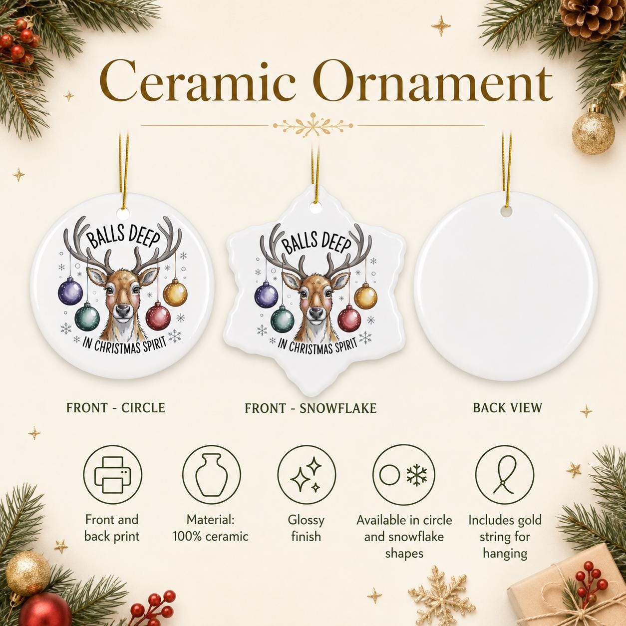 Product information image showing funny reindeer ornaments in circle and snowflake ceramic shapes.