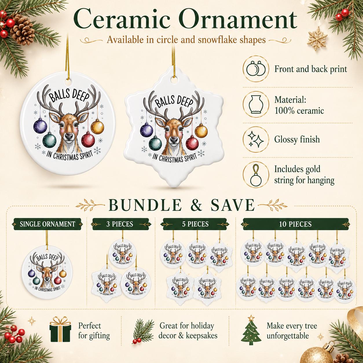Product information image showing funny reindeer ornaments in circle and snowflake ceramic shapes.