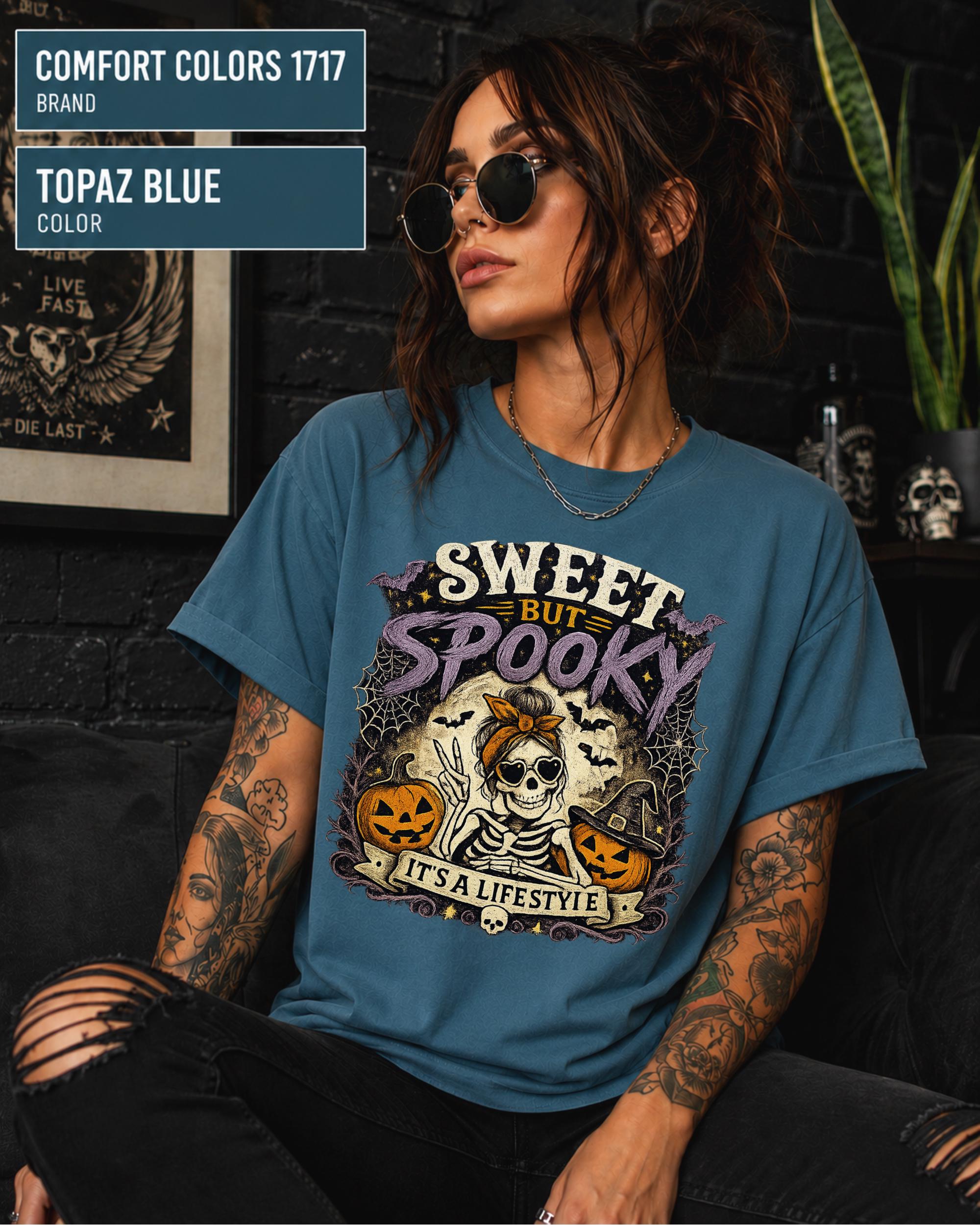 Gothic fall shirt featuring Sweet but Spooky It’s a Lifestyle text and retro artwork.