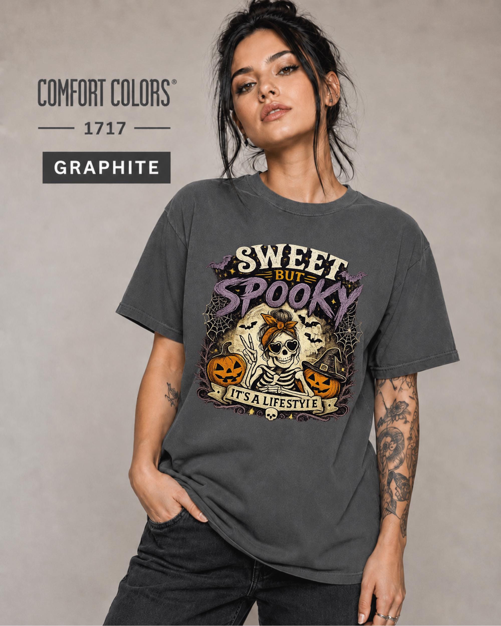 Graphite garment-dyed tee for Halloween lovers, horror fans, and alternative wardrobes.