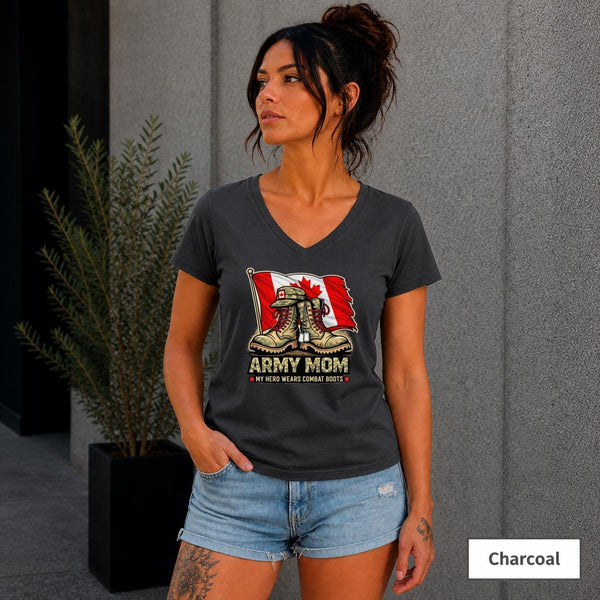Army Mom Shirt Canada Flag Combat Boots Tee Military Mom Gift Proud Army Mother Shirt Patriotic Canada Tee V Neck Shirt