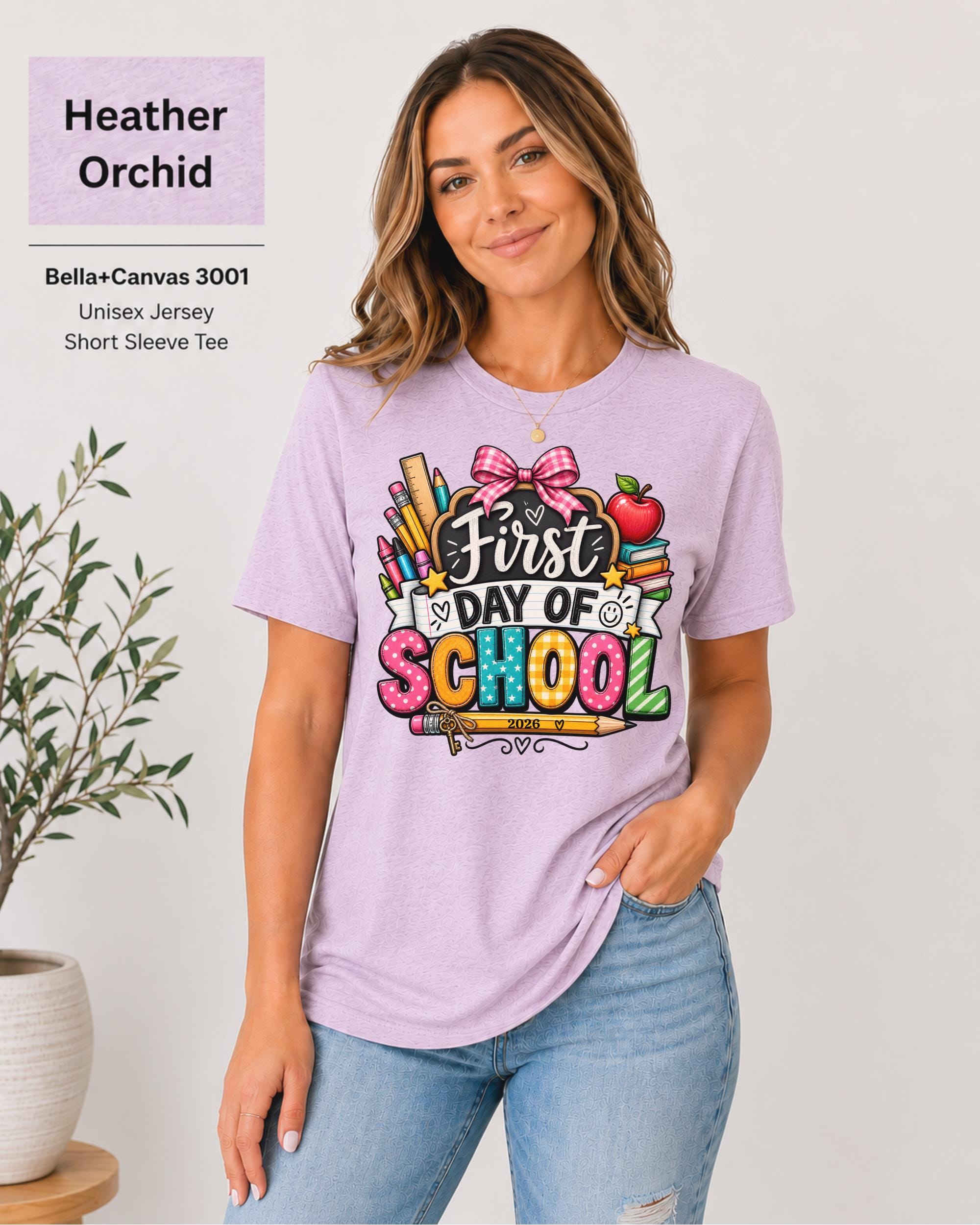 Woman wearing an Heather Orchid Bella+Canvas 3001 personalized First Day of School shirt with customizable teacher name and year, colorful pencils, crayons, books, apple, and pink bow design.