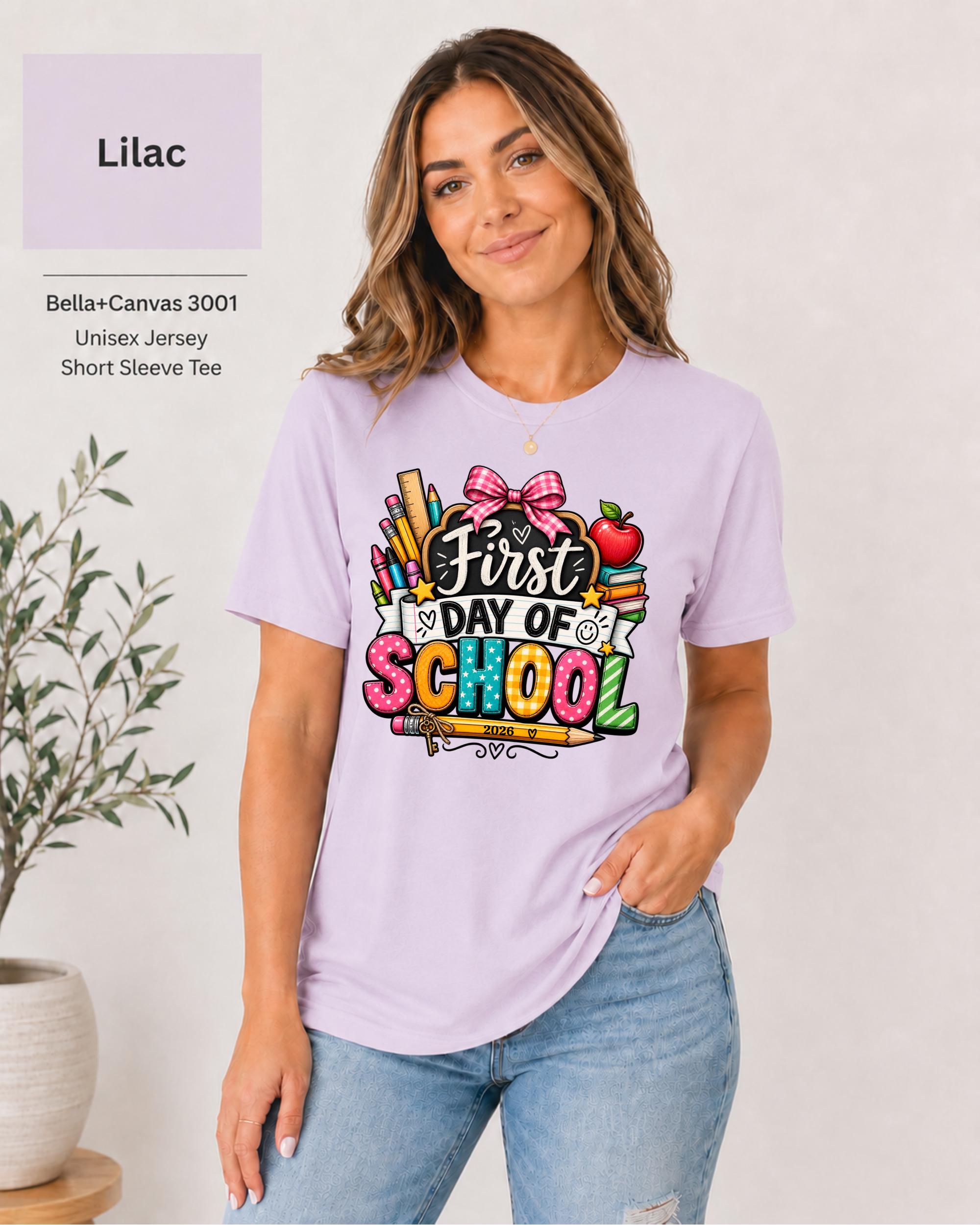 Woman wearing an Lilac Bella+Canvas 3001 personalized First Day of School shirt with customizable teacher name and year, colorful pencils, crayons, books, apple, and pink bow design.