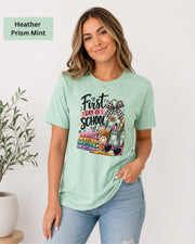 Bella Canvas 3001 classroom tee styled with jeans in a neutral indoor setting.