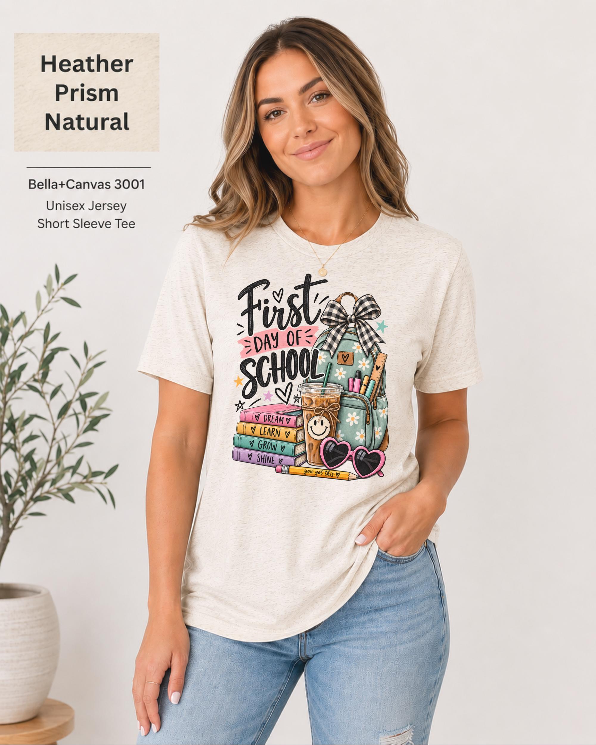 Cute school graphic shirt with iced coffee cup, pencils, stars, hearts, and floral details.
