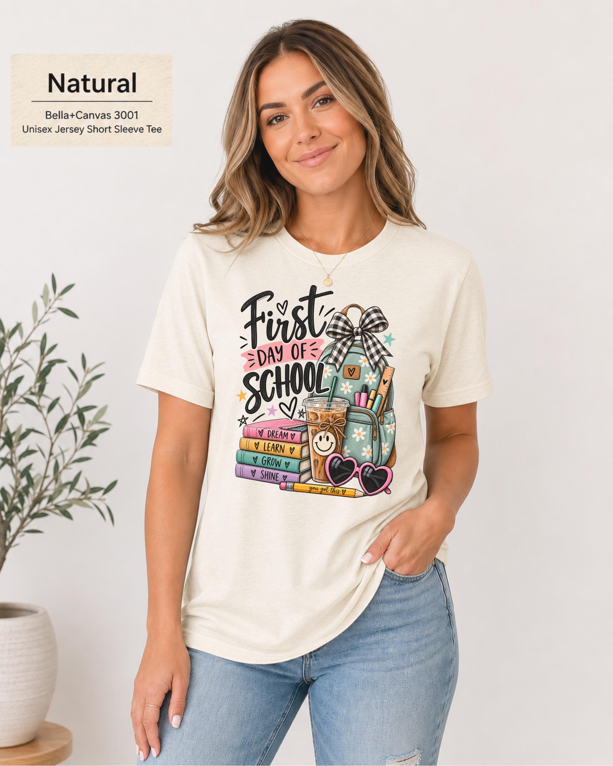 Elementary teacher shirt featuring playful school accessories and a black-and-white bow.