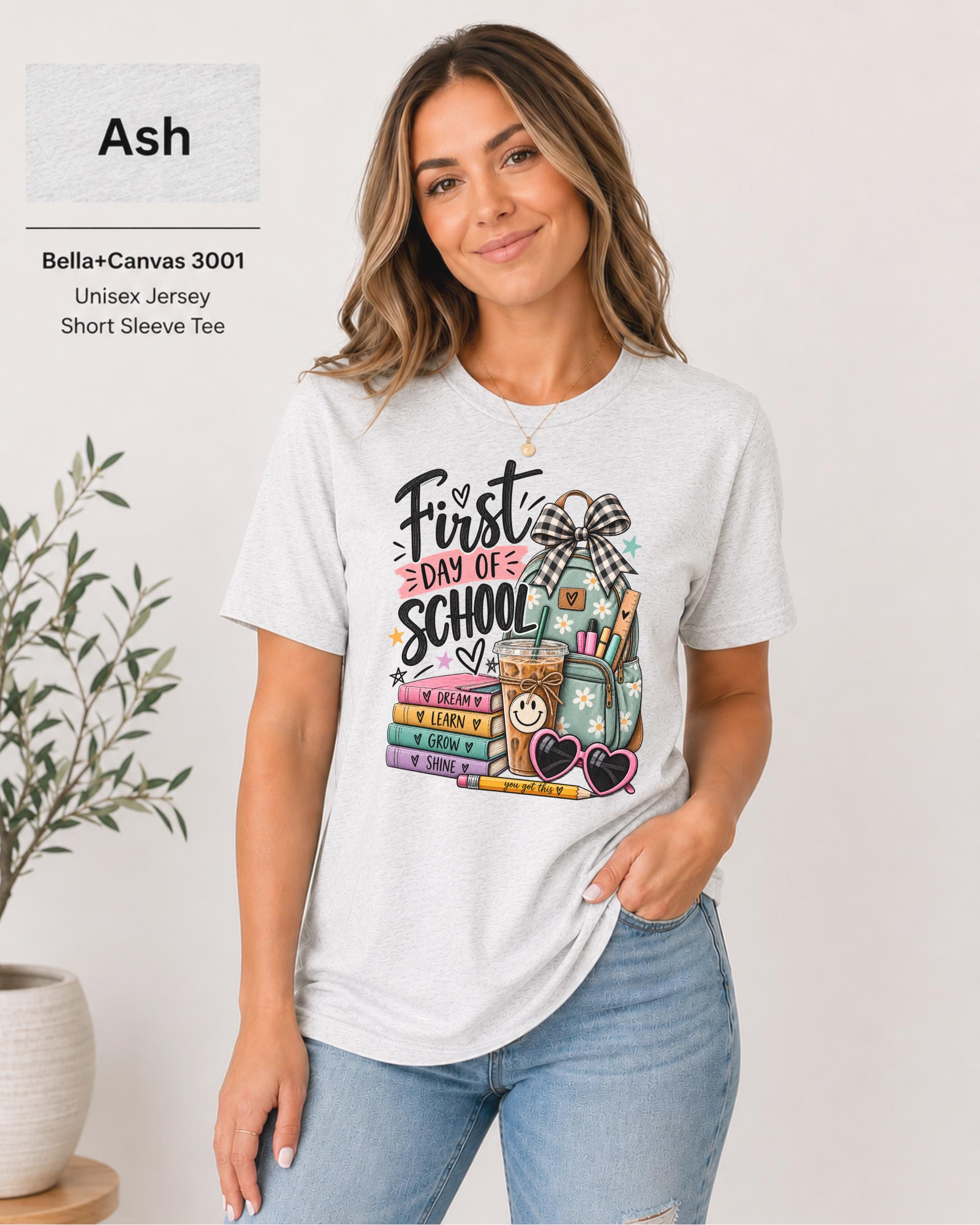Preschool educator graphic top with books, tote bag, pencils, and cheerful pastel accents.