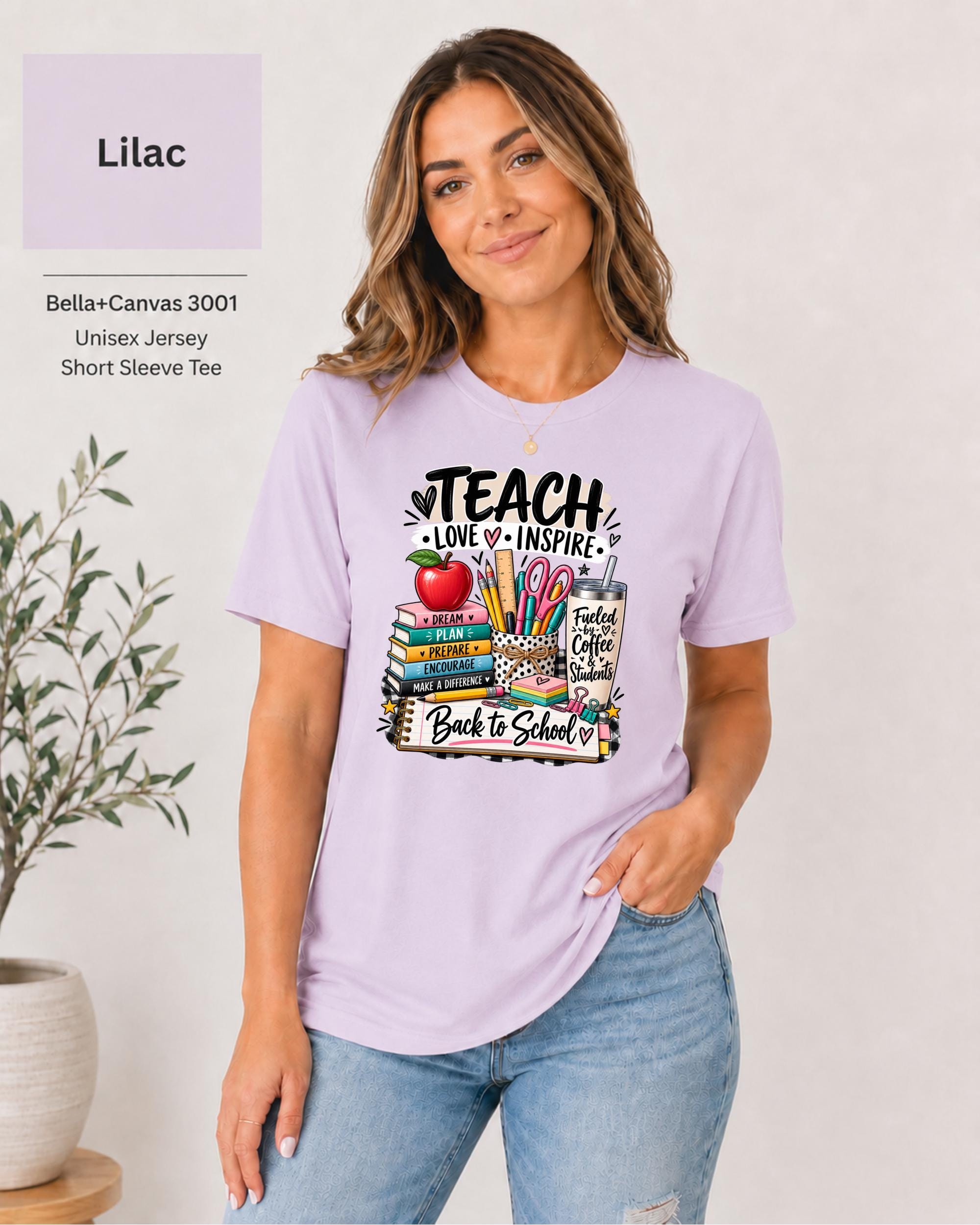 Lilac classroom shirt with Teach Love Inspire lettering and colorful school supplies.