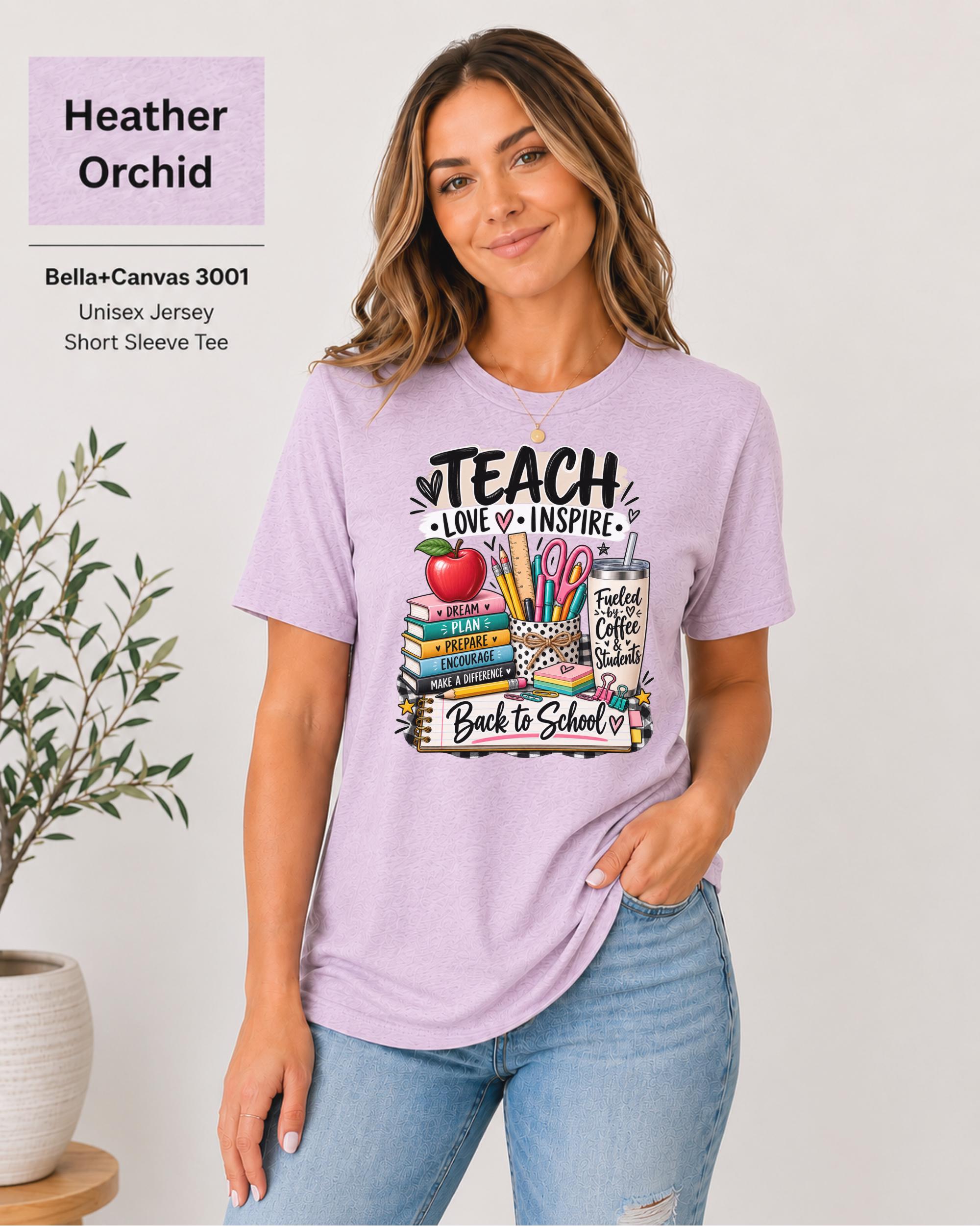 Bella Canvas 3001 teacher tee styled with jeans in a bright neutral room.