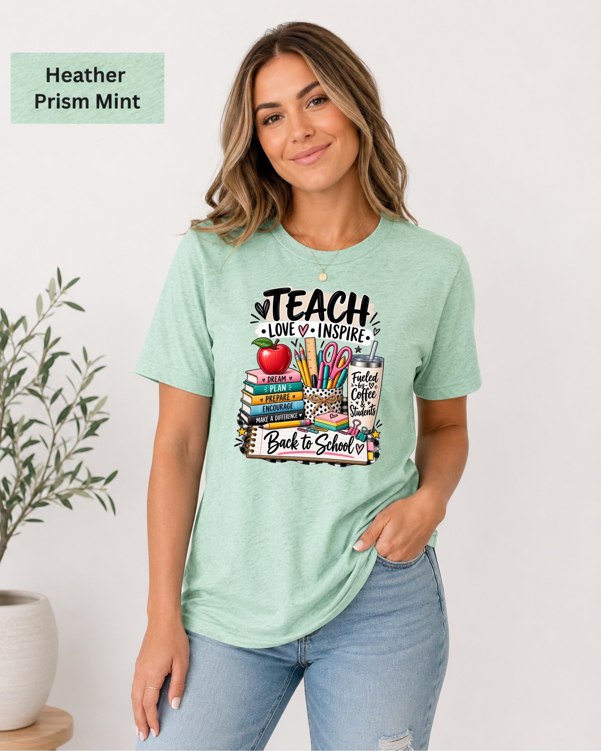 Back-to-school shirt featuring a coffee cup reading Fueled by Coffee and Students.