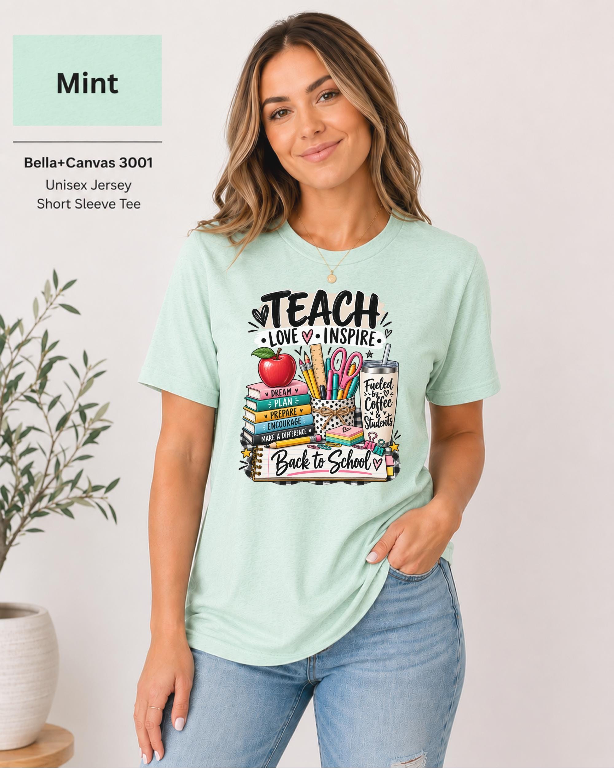 Colorful educator graphic with books, stationery, apple, hearts, and classroom accessories.