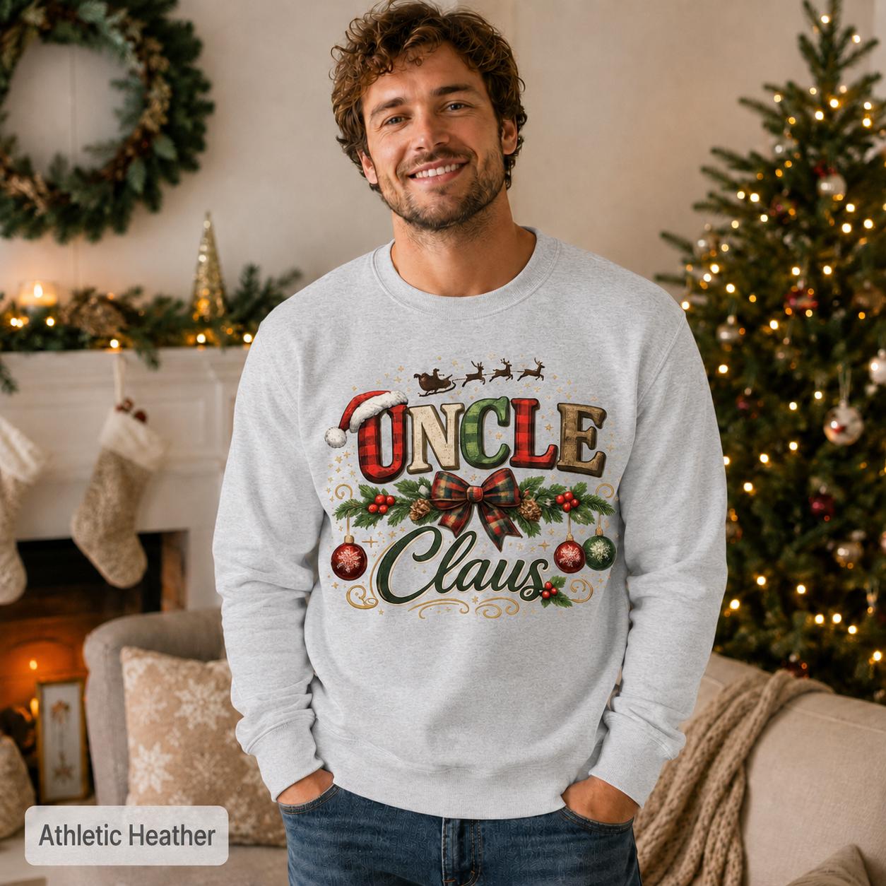 Men’s Christmas pullover styled with jeans beside a lit tree and fireplace.