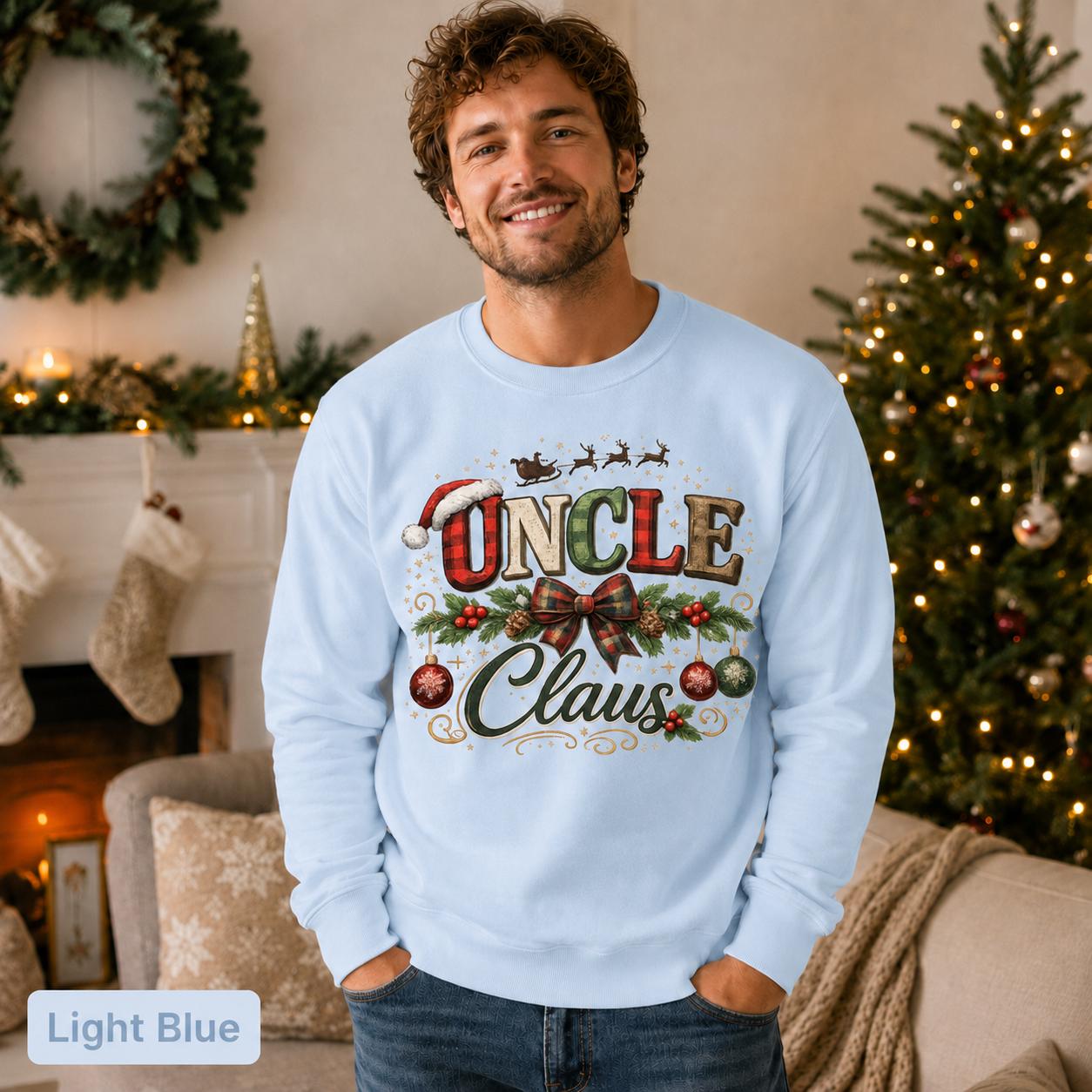 Man wearing a light blue Uncle Claus Christmas sweatshirt in a cozy decorated living room.