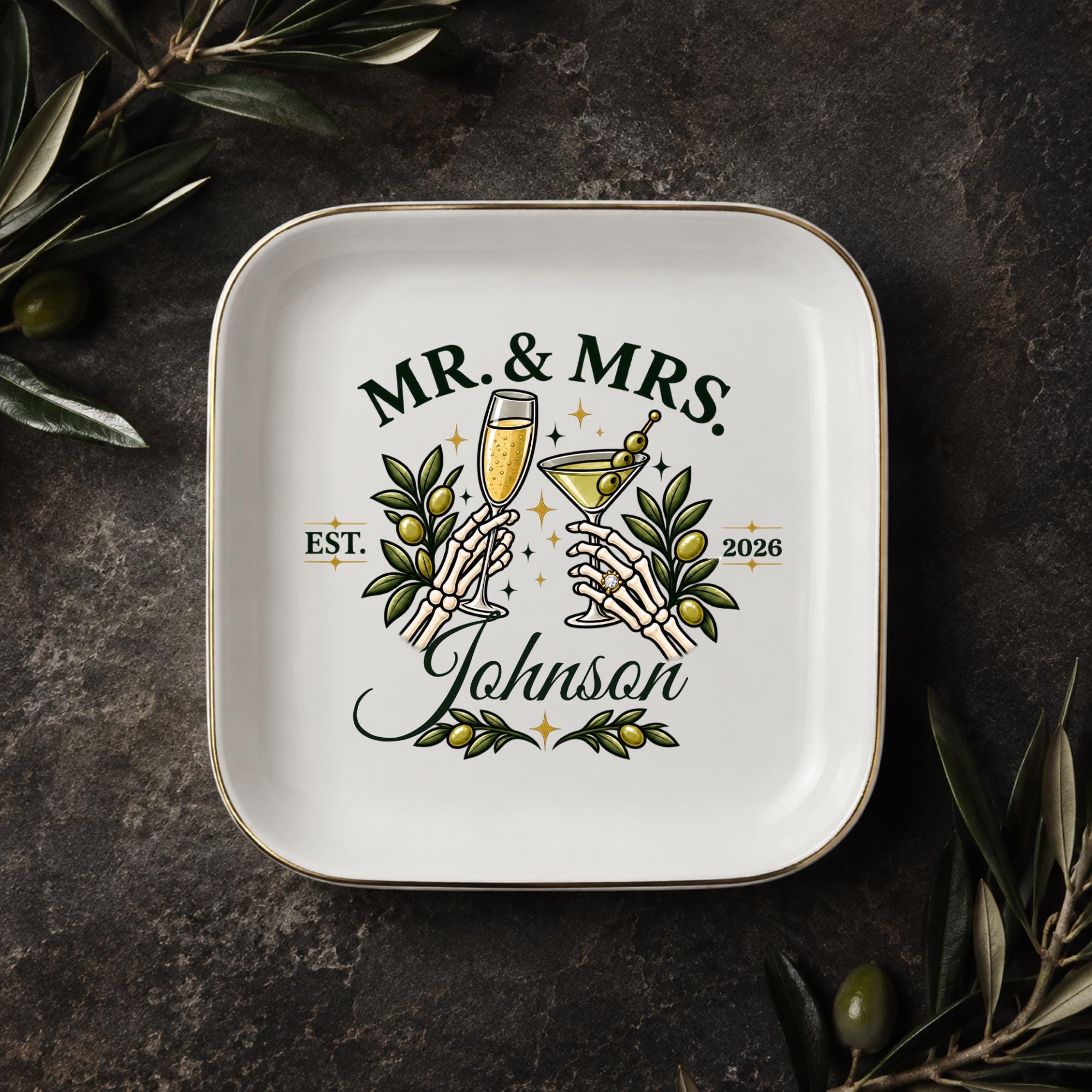Custom newlywed ring tray with Mr and Mrs design, champagne toast, martini olives, and established year.