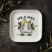 Custom newlywed ring tray with Mr and Mrs design, champagne toast, martini olives, and established year.