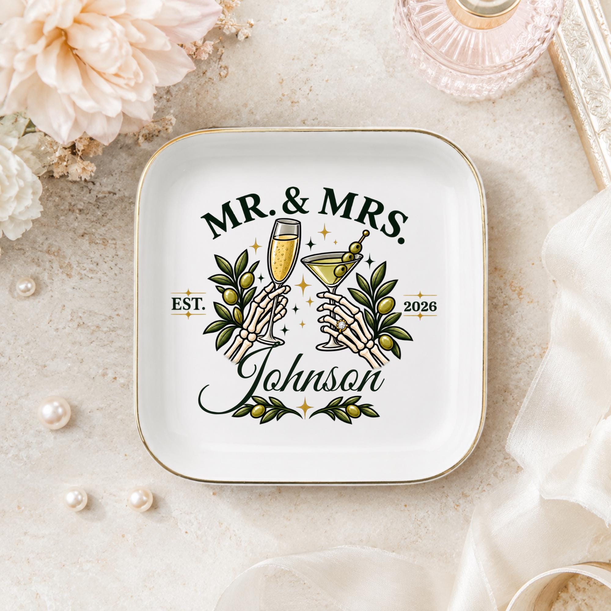Custom anniversary ring dish featuring skeleton hands holding glasses, personalized last name, and established year.