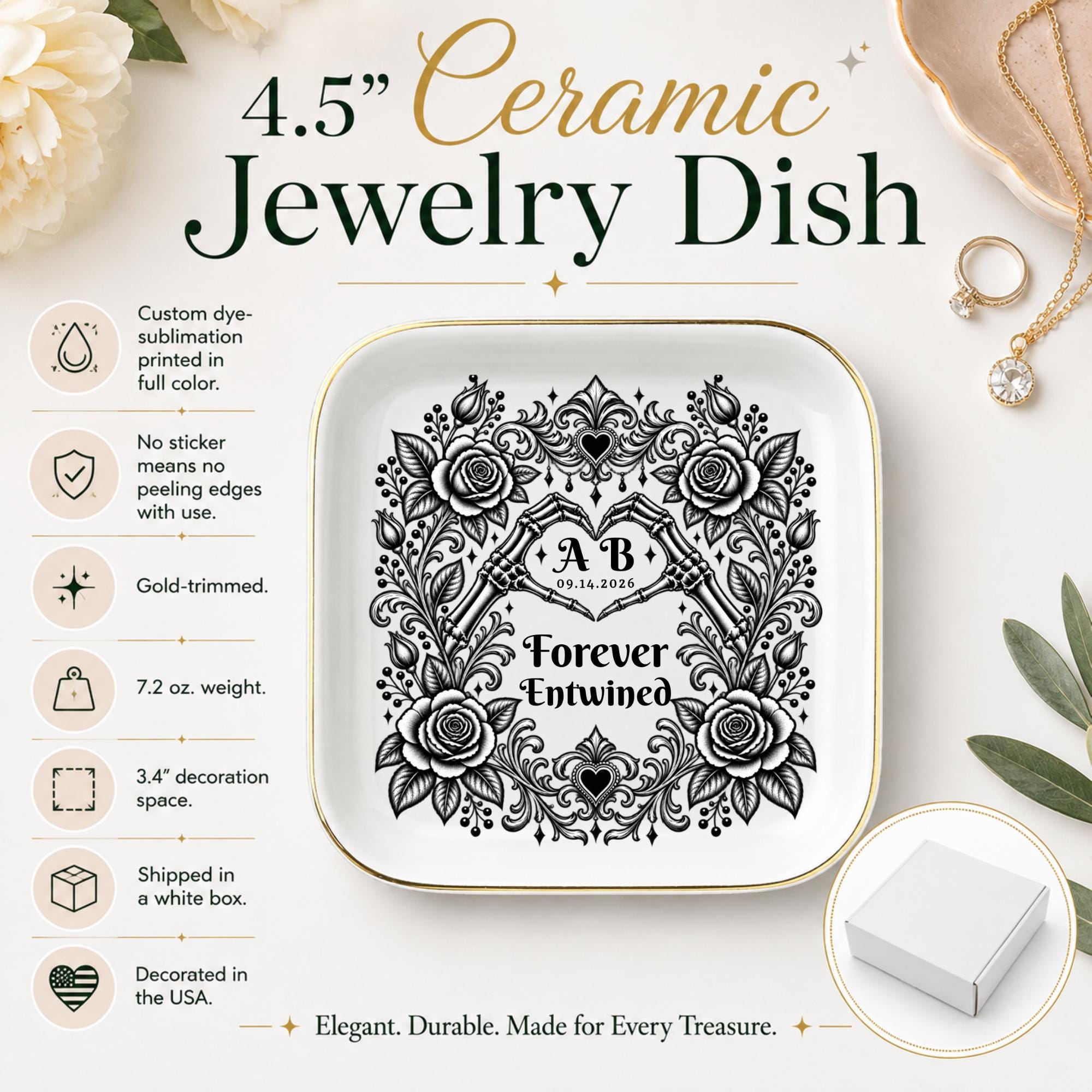 Size chart Gothic keepsake dish with roses, scrollwork, skeletal hands, personalized initials, and wedding anniversary date.