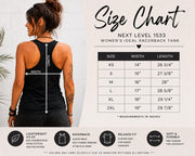 Next Level 1533 Women’s Ideal Racerback Tank size chart showing front and back views with width and length measurements.